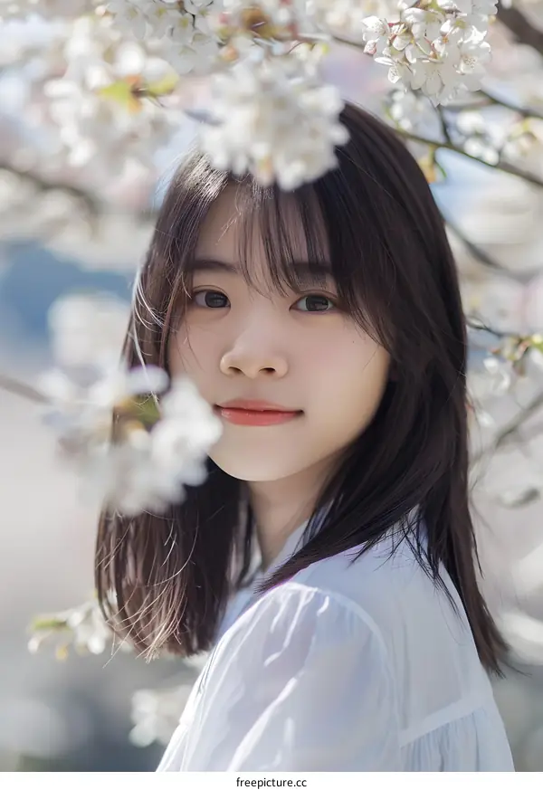 Woman In White Shirt Posing Behind Cherry Blossoms