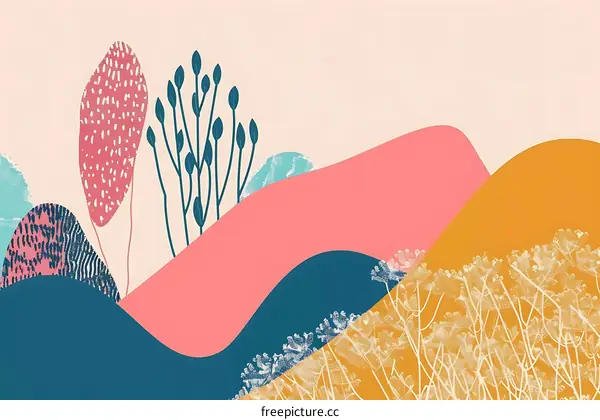 Abstract Landscape Illustration with Pink, Blue, Yellow and White Colors
