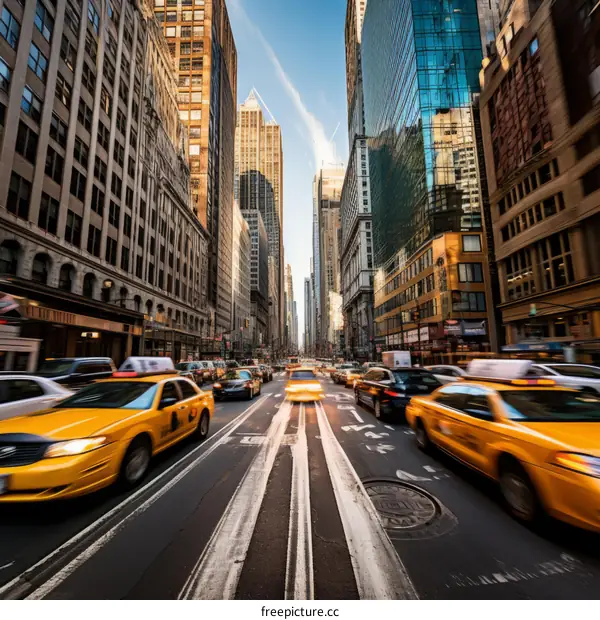 Motion blur of yellow taxis on a busy street in New York City