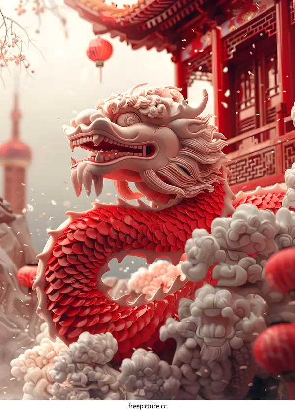 Chinese dragon statue with clouds