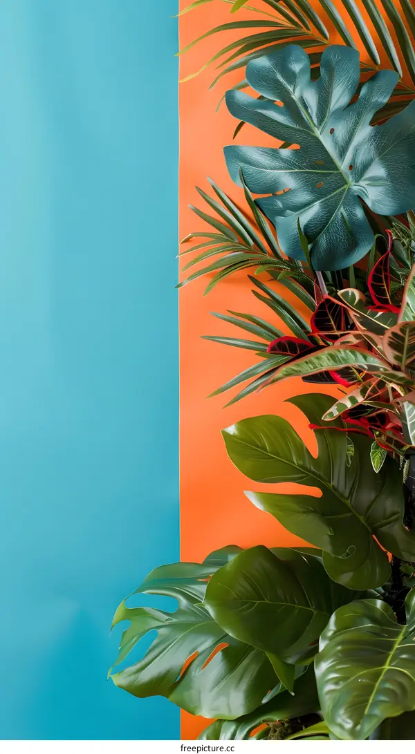 Tropical Leaf Background with Orange and Blue Colors