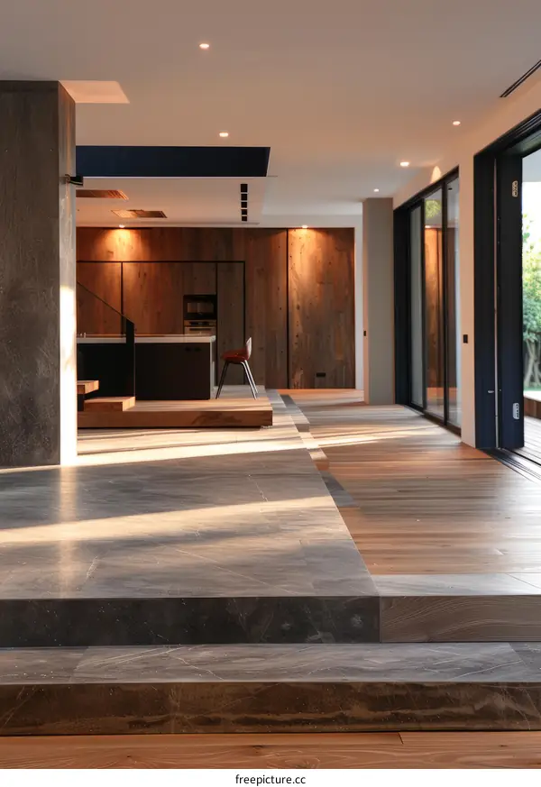 Modern house interior with open floor plan and large windows