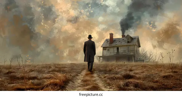 man walking towards house in field