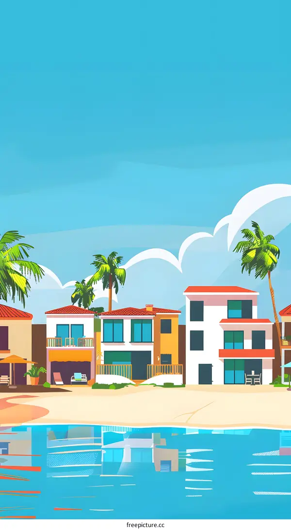 Beachfront Homes with Palm Trees and Blue Sky