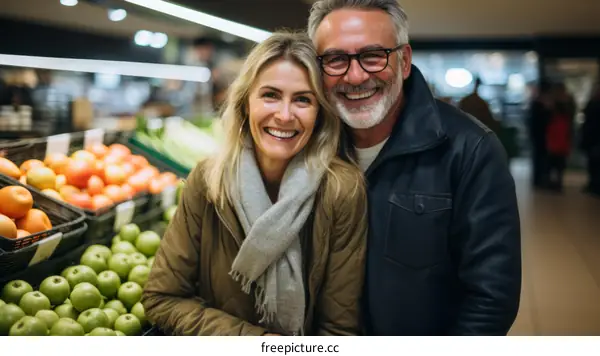 Happy couple shopping for groceries in a supermarket