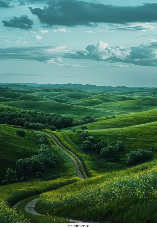Winding Dirt Road Through Rolling Green Hills