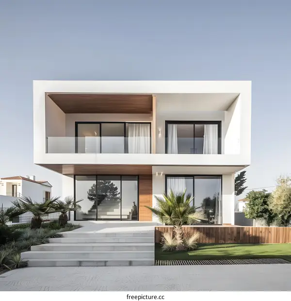 Modern White House with Wooden Accents and Steps