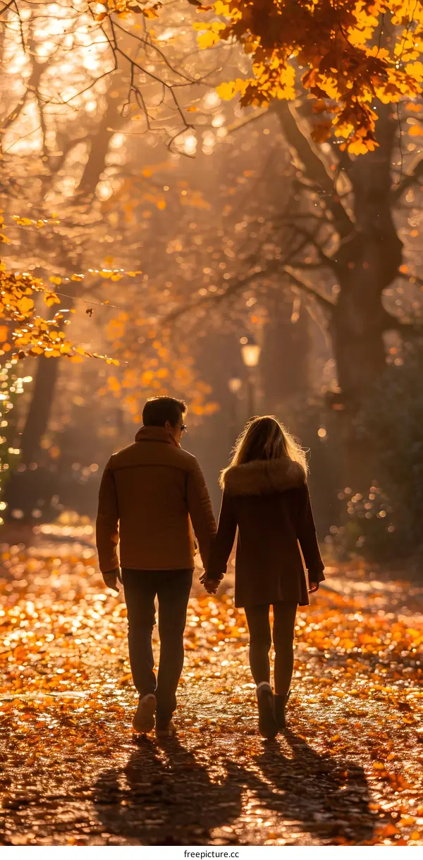 Couple Walking Through Golden Autumn Leaves