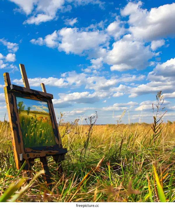 Easel in Field with Blue Sky and Clouds