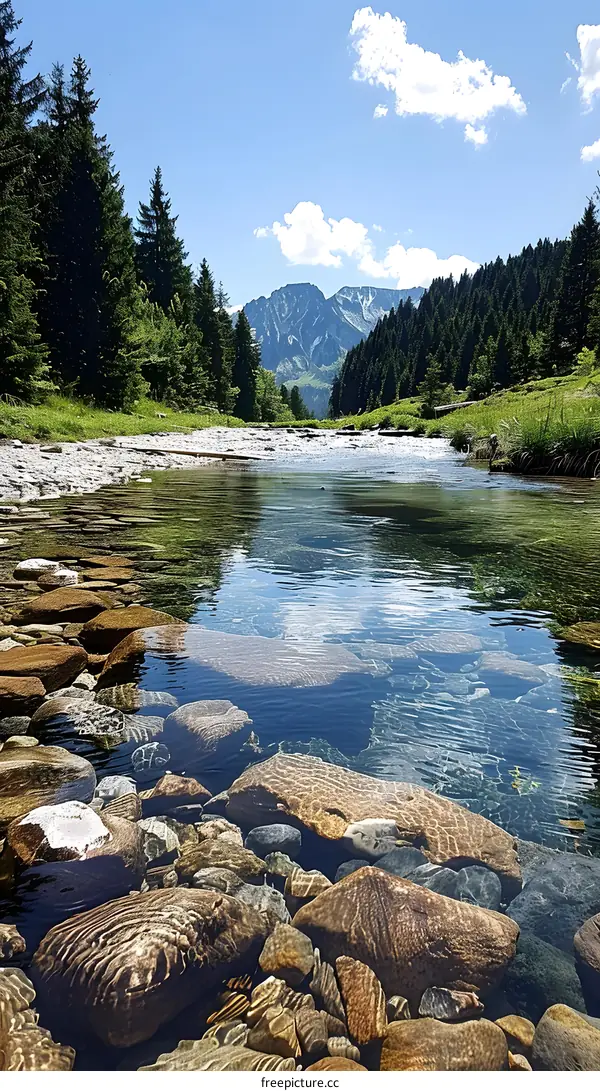 clear mountain river flowing through rocks and forest