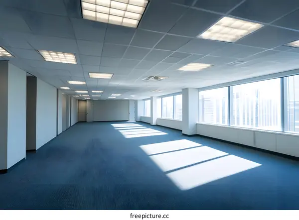 Empty Office Room with Large Windows and Sunbeams