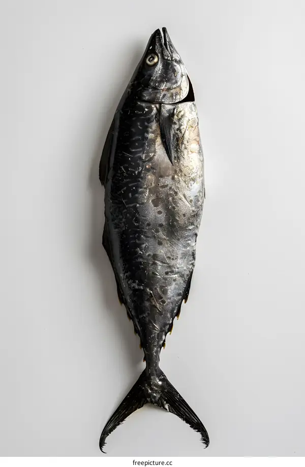 A whole raw tuna fish on a white background