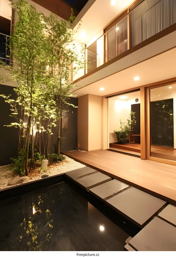Modern Japanese Garden Courtyard with Pond and Stone Path