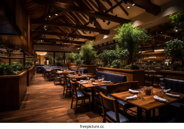 Elegant restaurant interior with wooden beams and lush greenery