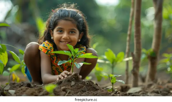 Indian girl planting a tree