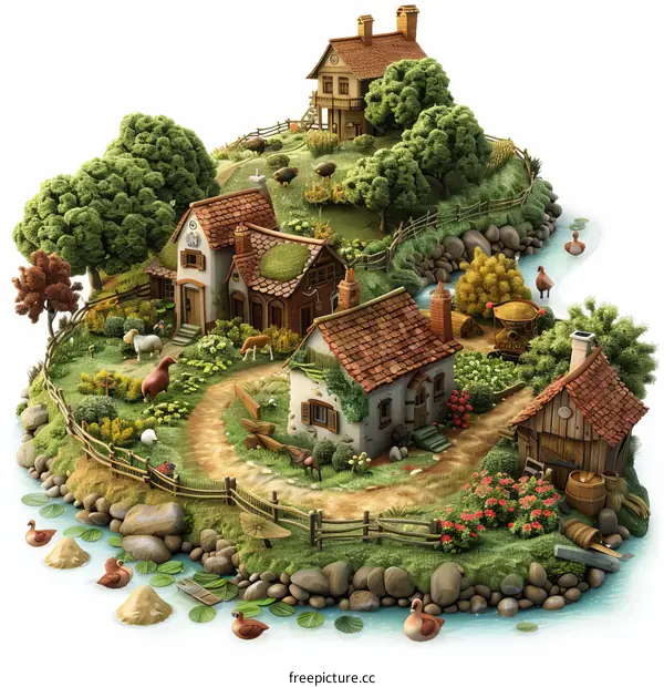 Isometric Farm Illustration with Windmill and Animals