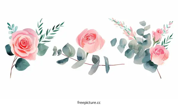 Pink roses and eucalyptus watercolor elements
