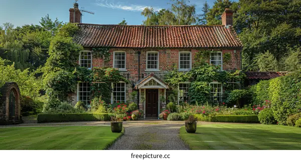 A beautiful English country house with a red brick exterior and a tiled roof