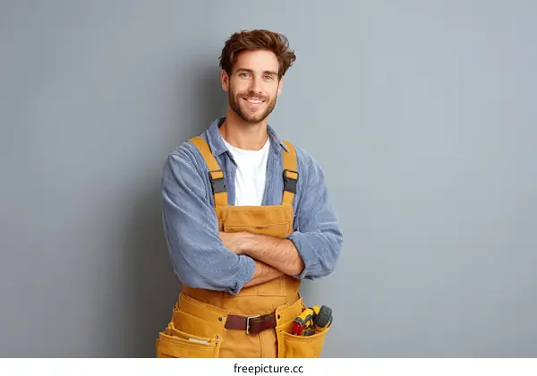 Confident Caucasian Male Tradesman Posing Against Gray Background