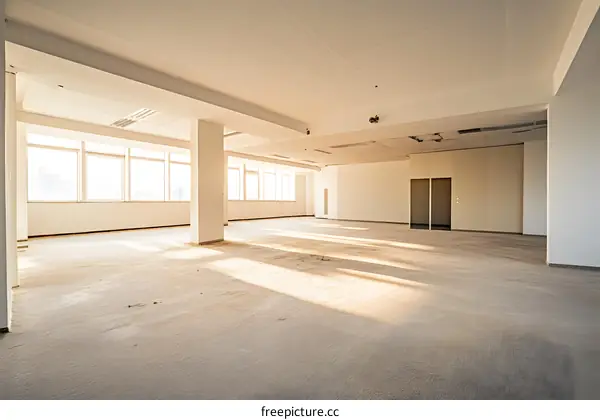 Empty Office Space with Sunlight Streaming Through Windows