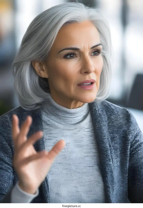 Portrait of a Senior Woman Talking with Grey Hair