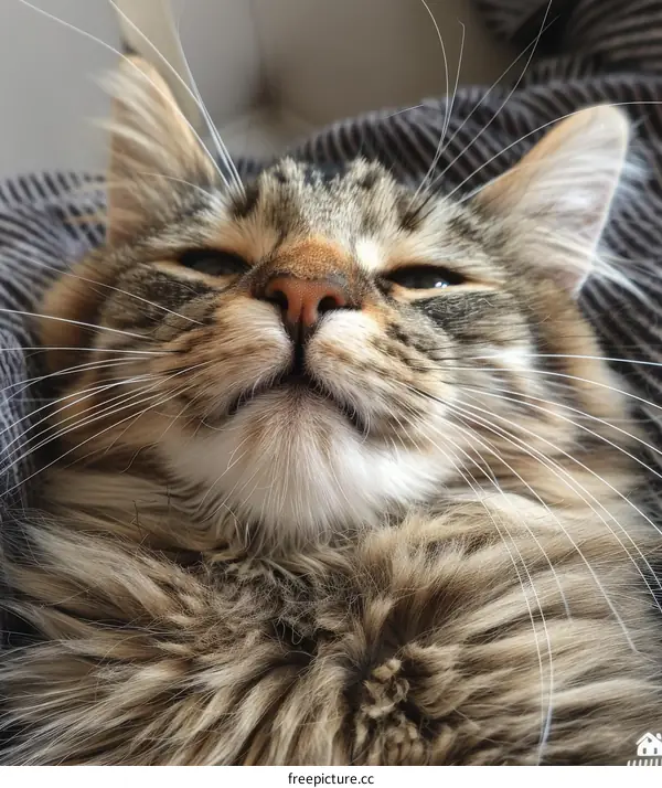 A ginger cat is lying on a gray blanket and looking at the camera