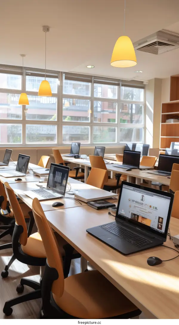 A classroom full of laptop computers