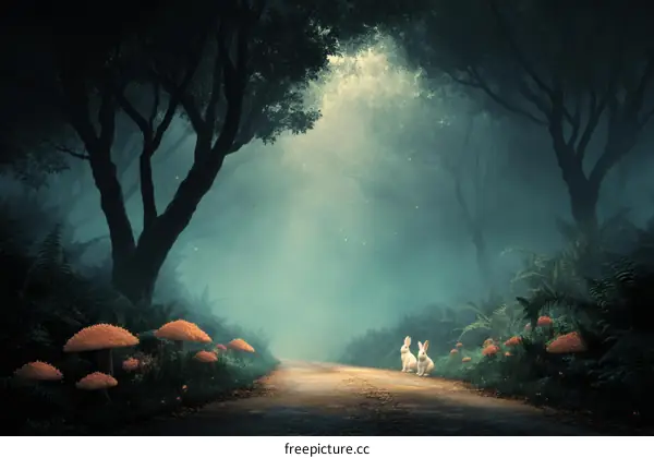 Misty Forest Path with Two Rabbits