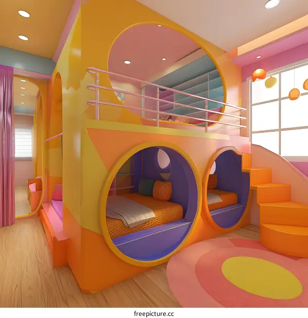 Modern Colorful Kids Room Interior Design with Bunk Beds