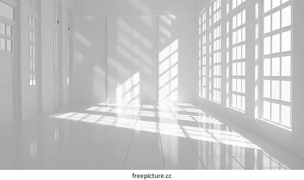 Bright white room with large windows and tiled floor