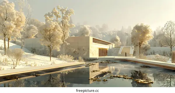 Modern architecture house exterior with snow covered trees and frozen lake