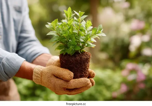 Gardener Holding Mint Plant in Garden