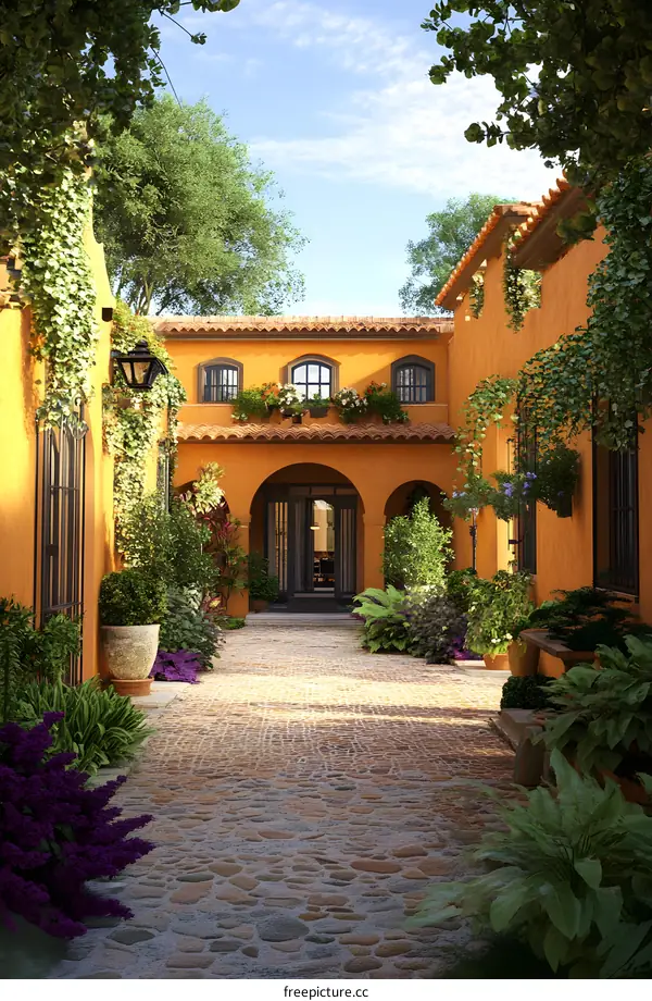 Cobblestone Path Leading to a Spanish Style Courtyard