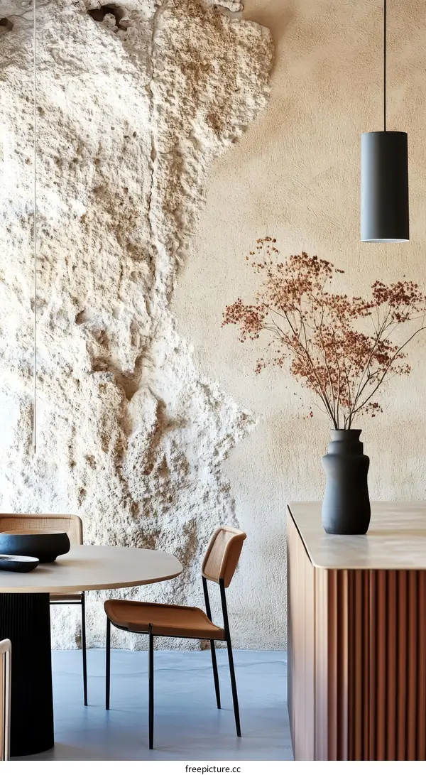 Modern Dining Area with Stone Wall Decor