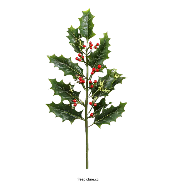 [Transparent Background PNG]Green Holly Sprig with Red Berries on White Background