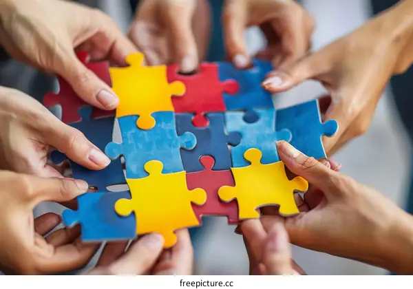 A group of diverse people putting together a puzzle