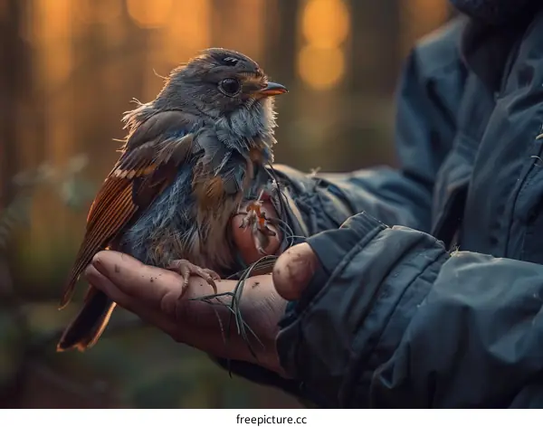 A close-up of a small bird perched on a person's hand