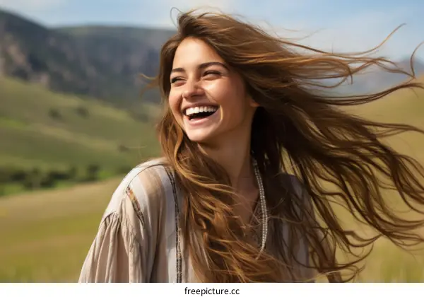 Laughing woman with long brown hair blowing in the wind