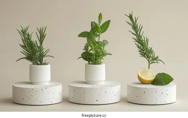 Modern Herbs in Ceramic Pots on Concrete Stands