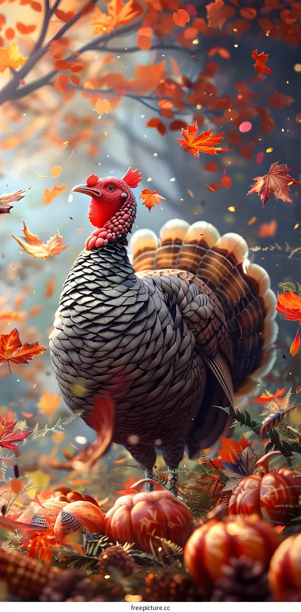 A turkey standing in a field of pumpkins and fall leaves