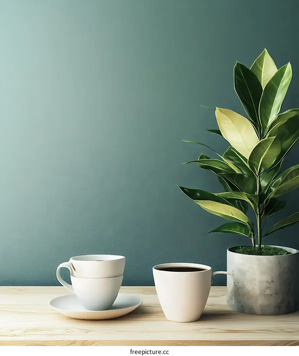 Minimalist Coffee Cups with Plant on Wooden Table
