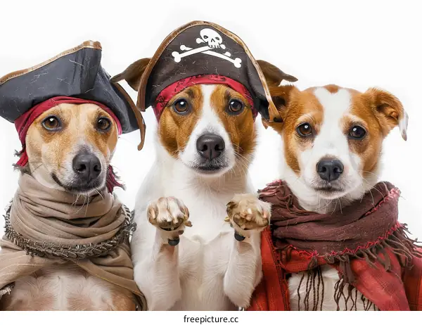 Three Dogs Wearing Funny Pirate Hats and Scarves