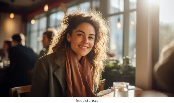 Portrait of a smiling young woman with curly hair sitting in a cafe