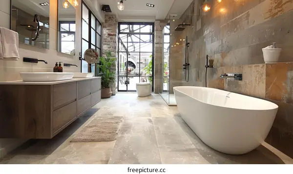 Modern Industrial Bathroom Design with Large Bathtub