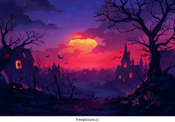 Spooky Silhouette Of A Haunted House In A Village On Halloween Night