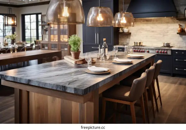 Modern kitchen island with dark marble countertop and wood base