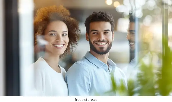 Two Diverse People Smiling at a Window