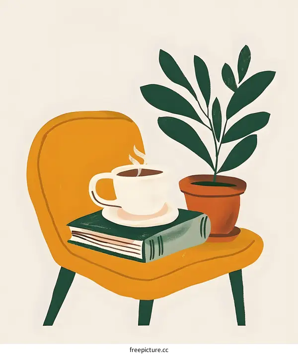 Coffee Cup on Book with Plant on Chair