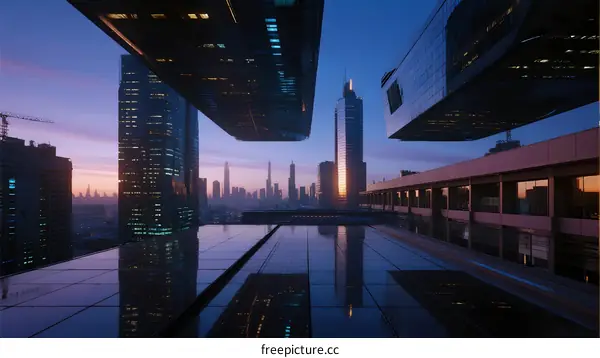 Modern City Skyline with Futuristic Skyscrapers at Sunset