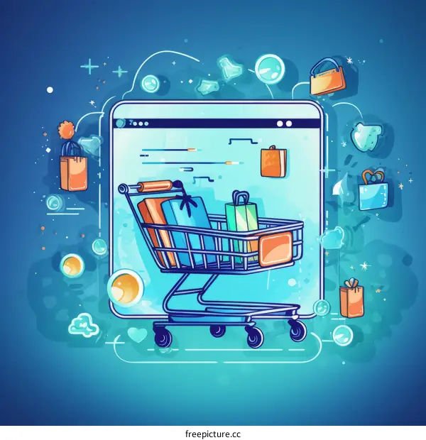 Online shopping illustration with shopping cart and gifts